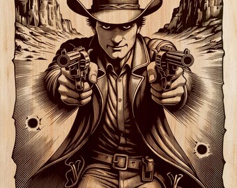 Cowboy Outlaw Wood Engraving PNG | Laser Wood Art Design | Western Vertical Wall Art File | Rustic Saloon Decor | Instant Download