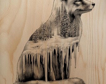 Zorro espíritu invernal con doble exposición y diseño de grabado láser en bosque nevado