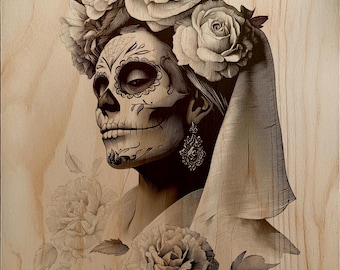Sugar Skull Bride with Roses Laser Engraving Design, PNG for Wood Slate Metal Stone, Día de los Muertos Wall Art, CNC Ready Files