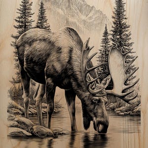 May include: A detailed woodcut-style illustration of a moose drinking from a lake, set against a backdrop of mountains and pine trees. The artwork is rendered in black and white, with intricate linework, creating a rustic, natural aesthetic.