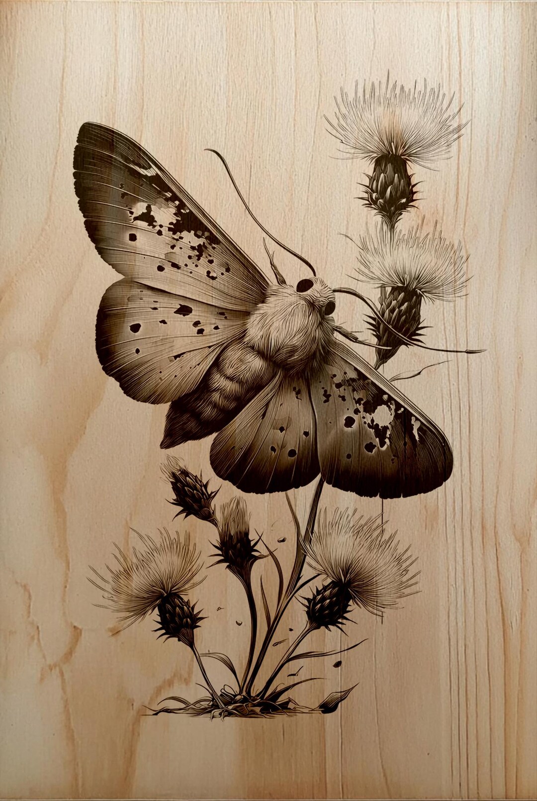 Moth Incarving Moth and Thistle Wood Engraving PNG | Laser Wood Art Design | Botanical ...