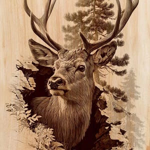 May include: A detailed woodcut-style illustration of a deer with large antlers, emerging from a rocky, wooded area. The artwork is rendered in shades of brown and tan, with intricate linework defining the deer's fur and the surrounding foliage.