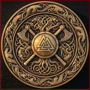 May include: A circular, bronze-toned relief sculpture with Viking motifs. The design includes a central shield with a triangular symbol, crossed axes, and detailed knotwork. The border features animal figures and the word "FEIT".