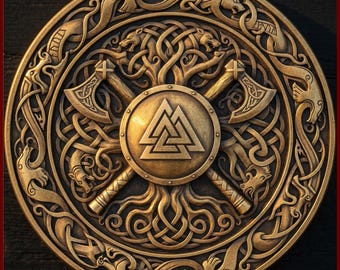 Valknut Yggdrasil Munt Dieptekaart | Vikingbijl Noors knoopwerk 3D-gravure PNG | Hoogtekaart | xTool LightBurn Houten Munt