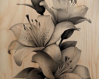 Elegant Lily Bouquet Engraving PNG | Detailed Floral Laser File | Botanical Wood Burn Art | High-Res Glowforge Raster