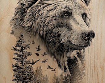 Bear Double Exposure Engraving PNG | Forest Landscape Laser File | Grizzly Wood Burn