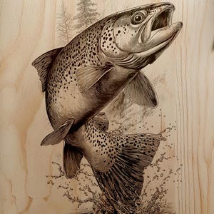 Op de afbeelding: Gedetailleerde houtsnede-illustratie van een bruine forel die uit het water springt. De vis wordt afgebeeld met open mond en een gevlekt patroon, met waterdruppels en een kleine boom op de achtergrond. Het kunstwerk staat op een licht houten oppervlak.
