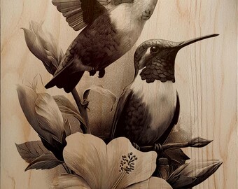Hummingbird on Hibiscus Wood Engraving PNG | Laser File for Slate, Metal, Stone | Nature Bird Flower Digital Download