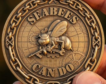 Steampunk Seabees Can Do Gear Bee Depth Map Coin, Naval Engineering PNG, 3D Relief File for xTool Lightburn Glowforge CNC Wood Brass