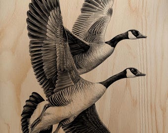 Modello di arte in legno con incisione laser di una coppia di oche canadesi in volo, migrazione di uccelli acquatici