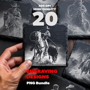 Könnte beinhalten: Eine Sammlung quadratischer Schieferuntersetzer mit schwarz-weißen Gravuren von Cowboys auf Pferden und beim Rinderfangen. Der Text 300 DPI HIGH QUALITY 20 ENGRAVING DESIGNS PNG BUNDLE ist über die Bilder der Untersetzer gelegt.