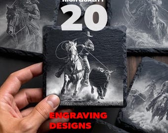 Cowboy Slate Coaster PNG Bundle, 20 Rodeo Roping Laser Engraving Files, Western Ranch Art for Glowforge, Instant Download