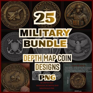 Könnte beinhalten: Eine Sammlung von 25 Münzdesigns zum Thema Militär im PNG-Format. Das Bild zeigt verschiedene Münzdesigns mit militärischen Emblemen, Texten und Illustrationen. Der Text enthält "Military Bundle", "Depth Map Coin Designs" und "We Own The Sky".