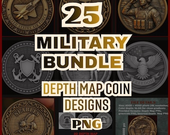 25 Military Depth Map Coin Bundle | Army Navy Air Force Challenge Coin 3D Engraving PNG | xTool LightBurn Heightmap