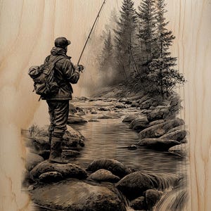 Puede incluir: Ilustración monocromática de una persona pescando en un río. La persona, con sombrero y mochila, está de pie sobre una roca, sosteniendo una caña de pescar. El fondo presenta un bosque y agua corriente.