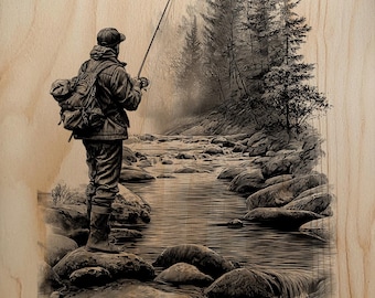 Detailed Fisherman Fly Fishing River PNG For Professional Wood Laser Engraving Wall Art Decor
