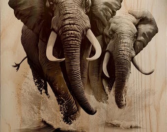 African Elephants in Water Engraving PNG, Laser File for Metal Stone Slate Wood, Tusks Splash Nature Scene Digital Download
