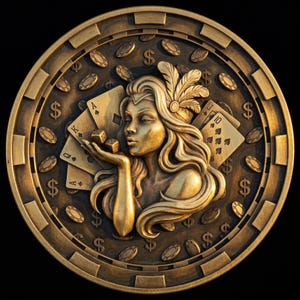 Könnte beinhalten: Eine goldfarbene, kreisförmige Reliefskulptur mit Casino-Motiv. Sie zeigt eine Frau, die Würfel, Spielkarten und Casino-Chips bläst. Das Design umfasst Dollarzeichen und einen dekorativen Rand.