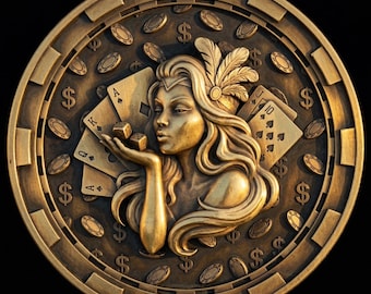 Lady Luck Casino Coin Depth Map | Poker Dice 3D Engraving PNG | Art Nouveau Heightmap | xTool LightBurn Wood Coin Blank