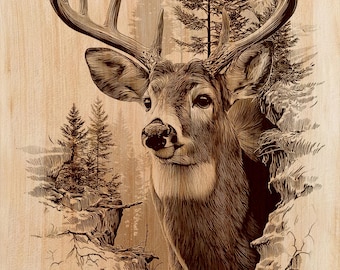 Majestic Whitetail Buck PNG, Realistic Deer with Forest Background Engraving Design, Laser Engraving File, Rustic Hunting Decor Sign