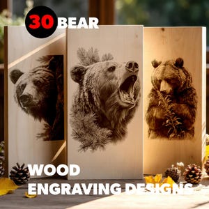 May include: Three wooden panels with detailed wood engravings of bears. The panels feature different bear poses, including a bear's head, a bear roaring, and a bear holding foliage. The text "30 BEAR" and "WOOD ENGRAVING DESIGNS" are visible.