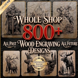 Puede incluir: Una colección digital de más de 800 diseños de grabado en madera con ilustraciones de un guerrero, borregos cimarrones, un ciervo, un oso y un alce. El texto dice WHOLE SHOP 800+ ALL PAST WOOD ENGRAVING DESIGNS ALL FUTURE y commercial license included.