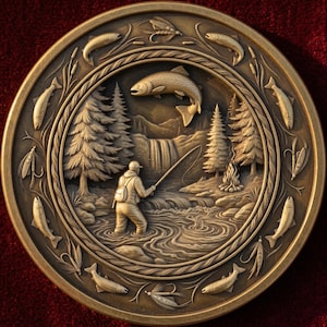 May include: A detailed bronze-colored relief sculpture depicting a fly fisherman in a river, surrounded by trees, a waterfall, and fish. The outer ring features fish and fishing flies. The overall design is circular.
