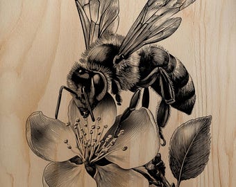 Intricate Honey Bee On Flower Scene PNG For Professional Wood Laser Engraving Wall Decor