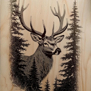 May include: A detailed wood-burned image of a majestic stag with large antlers, set against a backdrop of stylized pine trees. The artwork is rendered in shades of brown and black, creating a rustic, natural aesthetic. The stag is the focal point.