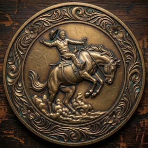 May include: A bronze-colored, circular relief sculpture depicting a cowboy riding a bucking horse. The sculpture is framed by a floral and scrollwork border. The cowboy is wearing a hat and holding a rope, with the horse's legs in the air.
