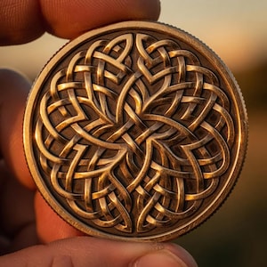 Könnte beinhalten: Eine runde, bronzefarbene Münze oder Medaille mit einem komplizierten keltischen Knotenmuster. Das verschlungene Muster bildet eine symmetrische, strukturierte Oberfläche. Die Münze wird zwischen Fingern gehalten, der Hintergrund ist unscharf.