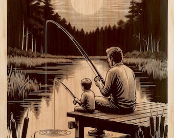 Father Son Fishing Wood Engraving PNG | Laser Wood Art Design | Lake Vertical Wall Art File | Rustic Cabin Decor | Instant Download