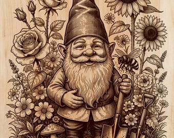 Garden Gnome Wood Engraving PNG | Laser Wood Art Design | Floral Vertical Wall Art File | Cottage Garden Decor | Instant Download