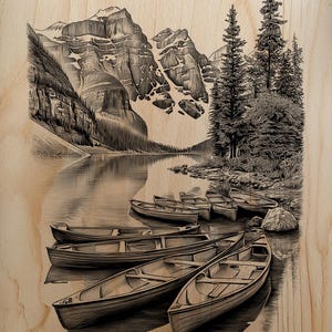May include: A wood-burned art piece depicting a serene mountain lake scene. Several wooden canoes are docked near the shore, with snow-capped mountains and evergreen trees in the background. The artwork is rendered in shades of brown and black.