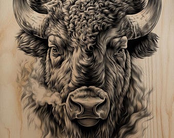 Incisione di testa di bisonte americano in formato PNG | File laser di ritratto di bufalo | Bruciatura del legno occidentale