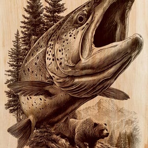 May include: Detailed woodcut-style illustration of a large fish with an open mouth, a bear, and a mountain landscape. The fish is the focal point, with intricate details. The bear is walking near the water. The background features trees and mountains.