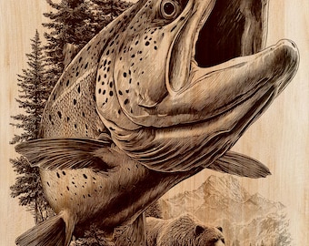 Hoppande laxfisk lasergraveringsfil, träskiffer metallsten PNG Glowforge Lightburn, djurliv björnflod bergsskog stugdekor