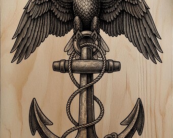 Nautical Eagle with Anchor Wood Engraving PNG, Laser File for Slate Stone Metal, Patriotic Rope Chain Stars Digital Download