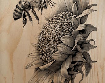Incisione di ape su girasole in formato PNG | File laser per giardino estivo | Bruciatura del legno naturale
