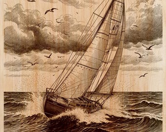 Incisione su legno di barca a vela PNG | Disegno laser su legno | File per decorazione murale verticale nautica | Arredamento per baita costiera | Download immediato