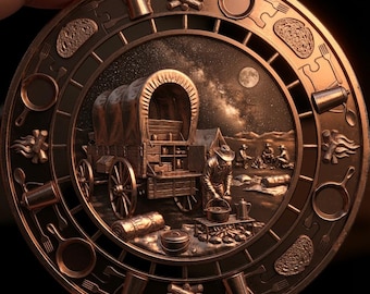 Chuckwagon Cowboy Cooking Coin Depth Map | Western Dutch Oven 3D Engraving PNG | Frontier Heightmap | xTool LightBurn Wood Coin Blank