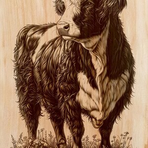 May include: A detailed wood-burned artwork of a Highland cow. The cow has long, shaggy fur in shades of brown and white, with curved horns. It stands in a field of grass and wildflowers, set against a light wood background.