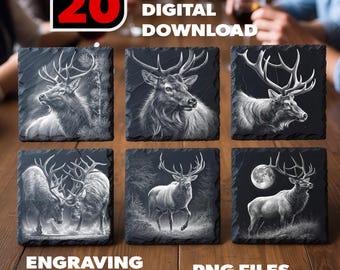 Paquete de imágenes PNG de grabados en pizarra con retratos de ciervos, 20 diseños de fauna de montaña para Glowforge y xTool