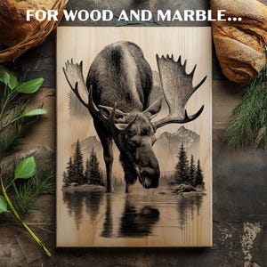 May include: Wooden wall art featuring a detailed illustration of a moose drinking from a lake, with mountains and trees in the background. The artwork is in shades of brown and gray, with the text "FOR WOOD AND MARBLE..." at the top.