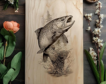 Vibrant Jumping Trout Fish PNG For Professional Wood Laser Engraving Nature Fishing Wall Art