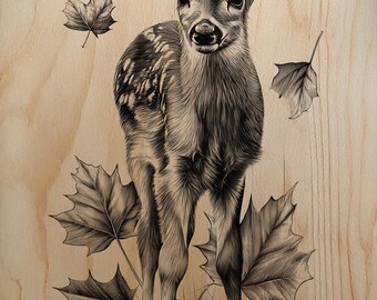 Standing Fawn Engraving PNG | Autumn Maple Leaf Laser File | Cute Baby Deer Wood Burn | High-Res Glowforge Raster