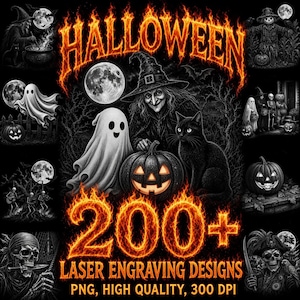 May include: A digital collection of 200+ Halloween laser engraving designs featuring a central witch, black cat, and jack-o'-lantern, surrounded by ghosts, skeletons, and pirates. The text reads HALLOWEEN 200+ LASER ENGRAVING DESIGNS PNG, HIGH QUALITY, 300 DPI.