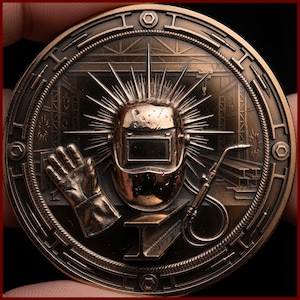 May include: A circular bronze-toned metal coin featuring a raised relief design of a welding helmet surrounded by a sunburst pattern. The coin depicts a protective glove, a welding torch, and an I-beam, set against an industrial workshop background.