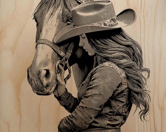 Grabado PNG de retrato de vaquera del oeste | Archivo láser de caballo y jinete | Dibujo detallado de la vida en el rancho | Raster para Glowforge xTool