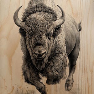May include: A detailed black and white illustration of a bison in mid-stride, with a focus on its muscular build and textured fur. The artwork is set against a light wood grain background, emphasizing the animal's powerful presence.